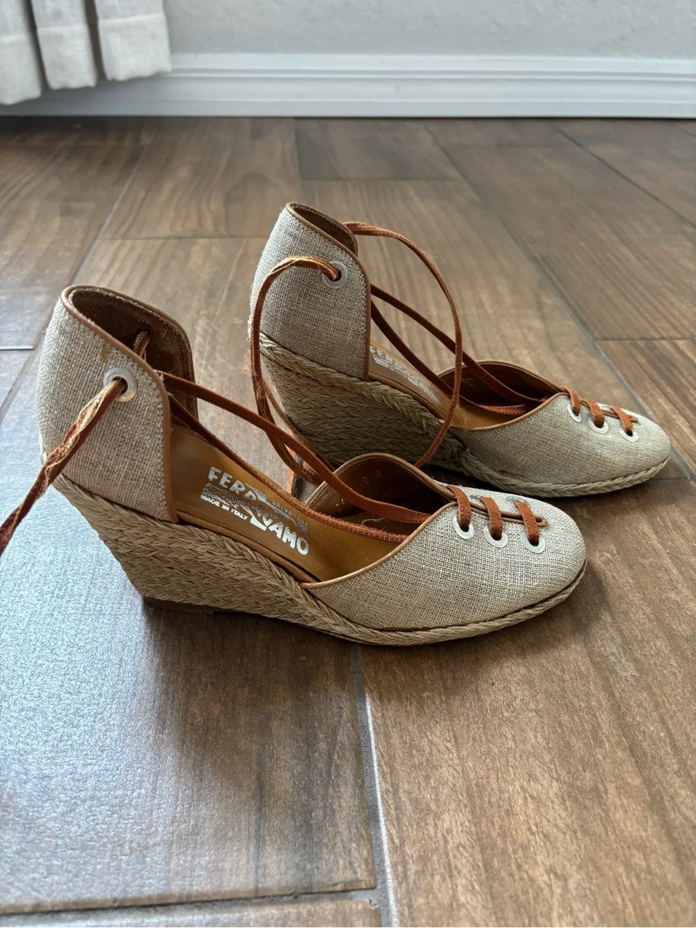 Salvatore Ferragamo Jute Fabric and Leather Espadrille Wedge Pumps Size 8